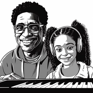 dad and daughter smiling clipart, in the style of rap aesthetics, infused with social commentary, raw and confrontational, afro-caribbean influence, black and white with a piano