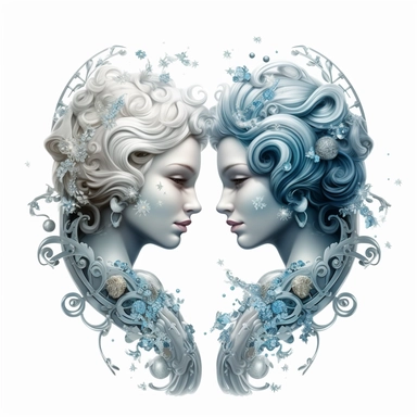 mystical astrological Gemini zodiac sign, fantasy, fairytale, storybook, 3D, clipart, digital painting, light ink, very detailed, very realistic, white background, bright mood, 4k quality