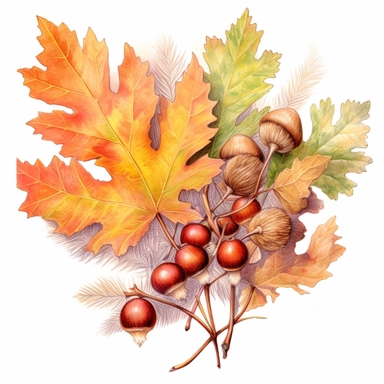 fall color bouquet of oak leaves, acorns and cranberries , color pencil sketch on a white background for clipart