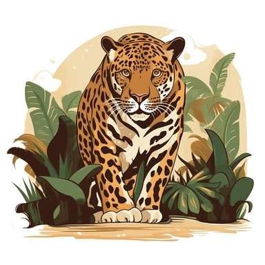 The clipart features a sleek and powerful jaguar crouched on the ground in the dense jungle, with its piercing eyes fixed on its prey. The jaguar's fur is a deep shade of golden brown, with black spots that add a sense of texture and depth to the image. Its muscles are taut and coiled, conveying a sense of power and strength. The jaguar's eyes are a piercing yellow, capturing its intensity and focus as it prepares to pounce on its prey. The background is filled with lush green foliage, with a ra