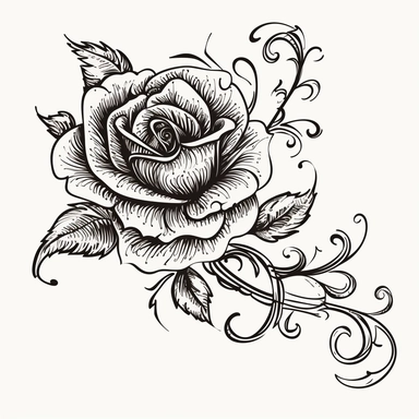 a clean detailed black line drawing of a single classical rose top left-hand corner scroll ideal for a wedding stationery, clipart