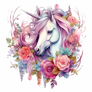 Watercolor Floral Unicorn, peony flowers, roses, Pastel colors, Fantasy, royal, elegance, whimsy, magical, on white background Sublimation Clipart,hyper realistic, intricate detail, illustration style,high solution,on the white background