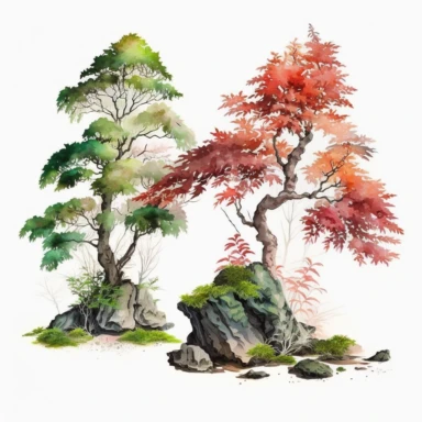 Watercolor, Japanese Maple Trees, old, long branches, Clipart, springtime japanese trees, forest, grass, rocks, white background