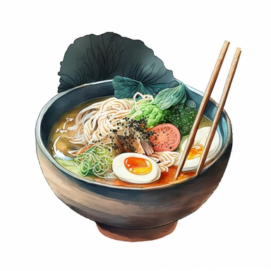 an bowl of japanese ramen, anime art, authentic ramen, watercolor, white background, clipart