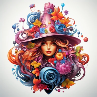 Sharp Illustration of a fantasy sweet candy witch clipart aginst white background in watercolor style, majestic scene, beautiful witch, sweets, vibrant colors, bubble gum, colorful candies, illustration style, vibrant colors, unreal engine 5, detailed illustration, high resolution, high quality, solid white background