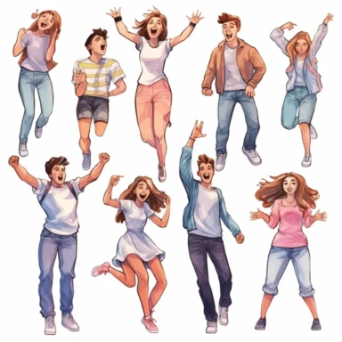 watercolor, Set of amazed, surprised young people. Young men and women with open mouths and excited reactions. Happy, glad teenagers. png Full body realistic cartoon in 32K UHD cute. 15 cm thick outline. Black color. There was no shadow on the ground. 8k with realistic watercolors and detailed illustrations. PNG clipart, transparent white background