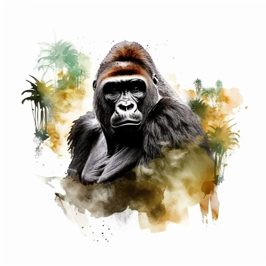Realistic gorilla at the jungle with watercolor effect,full body,with realistic and beautiful eyes,ultra realistic ,detailed,watercolour effect , white background , suitable for digital clip art, fantastic scene, high quality,vibrant colors ,wild plants