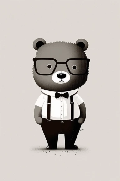 minimalistic pixar style clipart, minimalistic nordic style clipart, anthro hipster bear with mustache, minimalistic black and white color palette,