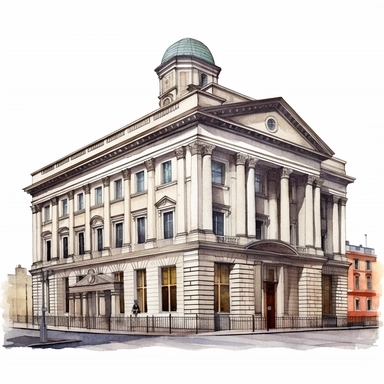 Isolated images, illustrations on a white background, facing front, elevation view, GPO An Post, General Post Office Dublin Ireland, Clipart, watercolor, realistic, isolated, full building, highly detailed, hdr, 32K, photo expert quality, watercolor realistic, hyperrealistic and highly detailed, isolated on a white background