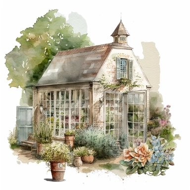 antique french flower farm, close up look at the antique french farm house wwith long broad windows and french doors along all house, light colors, watercolor clipart, single design, print on demand image, PNG transparent background