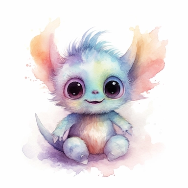 watercolour illustration, cute baby monster, big eyes, smiling, pastel, pale colourful, aquarrellist, clipart, isolated, white background,