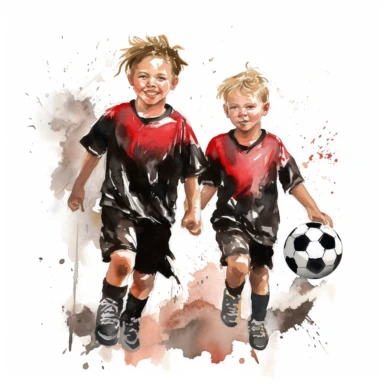 soccer kids with modern soccer and red and black jersey set, style of detailed watercolor clipart