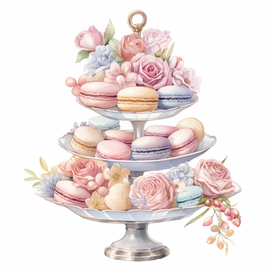 Clipart, Watercolor, Blush Floral Shabby Chic Tier Candy Tray with Sweets, Macarrons, Cakes and Cupcakes, light colors, hand-draw, texture
