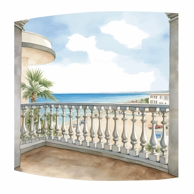 coastal view from a balcony , very detailed and realistic, watercolor, white background with margins, clipart style