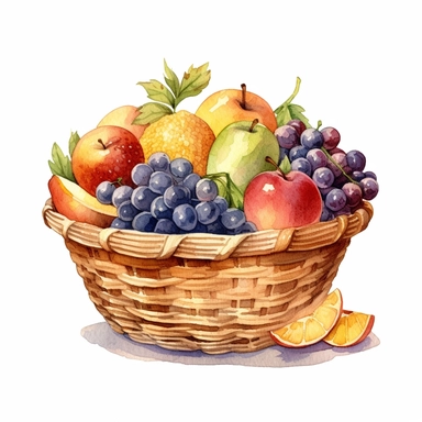 one basket fruit watercolor clipart on white Background, in the style of elaborate fruit arrangements, realistic landscapes with soft, tonal colors, colorful pixel-art, extravagant table settings, wimmelbilder, nature scenes, tightly cropped compositions , no watermark, text, words, paintbrush, 300 DPI , typography, the images do not stick together, no text in the picture, there are no words in the tree