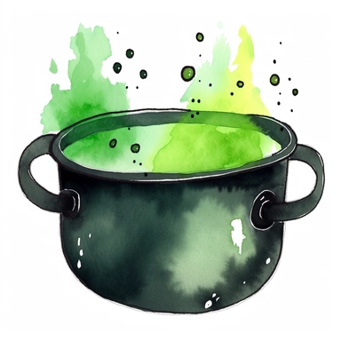 cute clipart of a cauldron, simple, cute, full color, spooky halloween, black handles either side, green bubbles, green steam rising up, pointed legs, watercolor – no outline