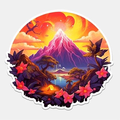 volcano erupting, close up, a sticker, artwork of t shirt graphic of majestic forest, in digital painting style , beautiful flowers, sunset mountains and clouds , big vines, stone temple covered in vines, white background, colorful fantasy flower surround, highly detailed clean, vector image, photorealistic masterpiece, professional photography, realistic, flat white background, isometric, vibrant vector, clipart, illustration, realism, 4k, , cinematic, front view, white background, paradise, ex