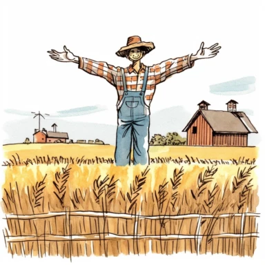 a traditonal scarecrow with arms out stretched wide guarding a farmer's field as a partial page border, clipart with a white background, clearly defined separate image, high quality--ar3:4-no mockups, watermarks, numbers, writing, letters--q2--v5.1--s1000