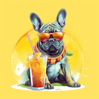 french bulldog, transparent backround,clipart,4k hd,full body,different positions,short sleved clothes,sunglasses, really really colorful,drinking lemonade with the sun behind him