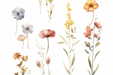 COLLECTION OF enchanted MAROON AND DUSTY YELLOW flowers WATERCOLOR HAND PAINTED clipart, GREEN WILD LEAVES BETTWEEN FLOWERS AND IN THE BACK, WATERCOLOR AIRY PASTEL COLORS, VISIBLE WATERCOLOR BRUSH TOUCHES, DREAMY AND ELEGANT, COLORFUL DREAMY FLOWERS,white background, WATERCOLOR 8k,