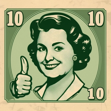 whole 1 dollar bill with a woman face in 1950`s style clipart with thumbs up