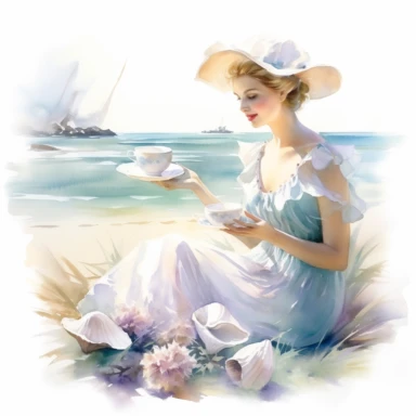 Victorian Tea by the Seaside Ocean breezes seashell accents and the soothing sound of waves clipart isolated on clean white background, soft pastel colors, in style of Willem Haenraets in the style of realistic watercolors, feminine sensibilities, detailed illustrations, made of all of the above, isolated on white background