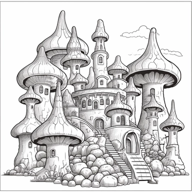 vector art, cartoon retro game, clip art, mushroom church fortress, mushroom saint basils cathedral, mushroom Minaret, mushroom Turrets, mushroom duomos, mushroom domes, mushroom bricks, black and white, line art, coloring book, coloring book page, less detail, outline, illustration, no dithering, drafting, no shading, white background, lines only