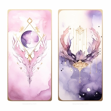 Tarot Cards, in the style of watercolor illustrations, pink and gold, soft lilac, magical and mystical, galaxy elements, modern minimal watercolor, on white background, clipart
