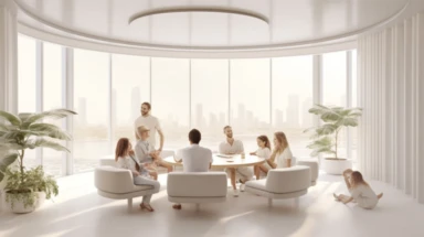 family on a zoom call, white interior, photoreal, day, photo stock, clipart