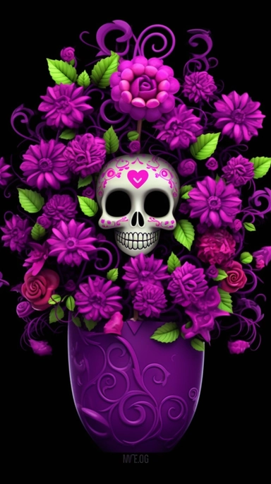 create a funny flowers bouquet, magenta and purple petals, as Halloween, bright green stem, black background, tiny purple bats flying around the flowers, and some tiny funny Catrina skulls for Halloween over emery flower, clipart,