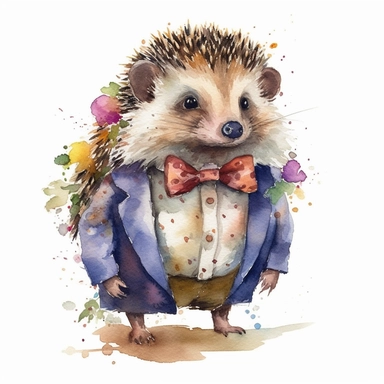 a moving hedgehog dressed up, dressed up, happy smiling face, cute animal, adorable, playful atitude, adorable watercolor animal clipart, no background, high quality and very sharp image with clear focus