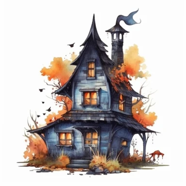 watercolor witch house, vintage style witch house, super high quality, professional watercolor clipart, high resolution, clip art, animals on the sides