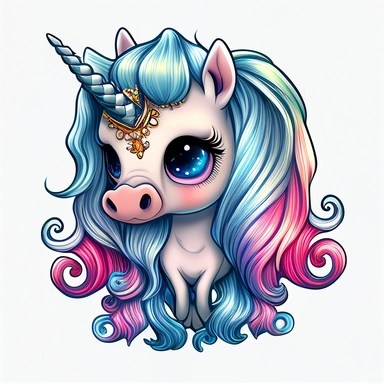 cute unicorn pet, extra long hair, tiny chibi body, rainbow skin tone, blue eyes, butterfly wings, tiara, clipart, sticker, retrowave style, no background, hd