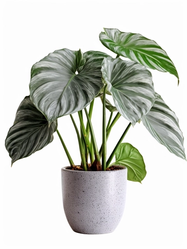 acrylic pain, Alocasia Baginda 'Silver Dragon', Alocasia Baginda 'Silver Dragon' Plant, Cone - shaped pot, clipart, hd, on a white background, spaced out