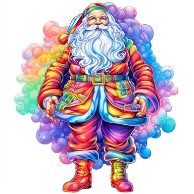 Full body of Santa Claus, style by Lisa Frank, watercolor, smooth gradients, black contour outline, ultra detailed, clipart elements, vibrant colors, solid white background, super clear, high quality