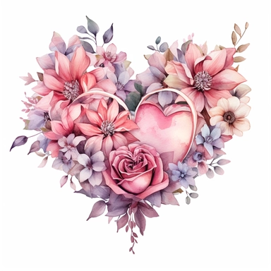 Delicate watercolor illustration of a bouquet of pink flowers, viewed from a side angle, gracefully arranged within a heart-shaped frame, radiating romance and timeless beauty clipart on a clean white backdrop.