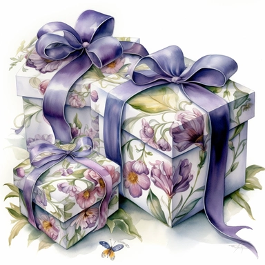 drawing of insanely beautiful floral patterned gift boxes, in the style of beatrice potter and jody Bergsma, tied with a purple silk bow,32k uhd, hand-painted details, pastoral illustrations, amazing colour combinations , aquarellist, hd , white background clipart ,-- no watermark--ar 27:37