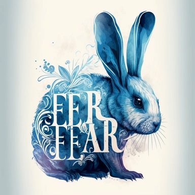 incredibly detailed, watercolor blue and white rabbit with tattoo text FEAR clipart , smooth lines, smooth curves, unreal engine