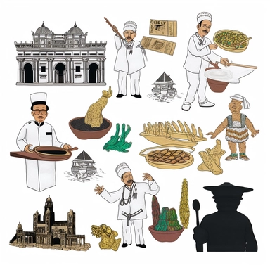 a set of black line clipart inspired by Wes Anderson and Raiders of the Lost Ark and travel and colonialism and David Chang and stolen cultural relics and cooking and eating and 1980s action figures