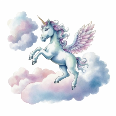 Cartoon Unicorn Pegasus Soaring through Clouds, cartoon, cute, watercolor, professional clipart, white background, neat, clean