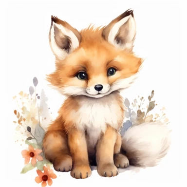watercolor, woodland, cute, friendly, baby fox, clipart, whitebackground