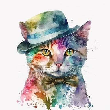 watercolor adorable cat in a fancy hat clipart, hd white background