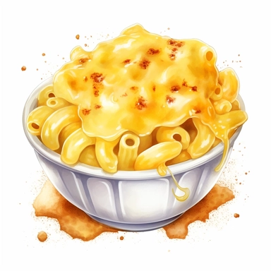 watercolor ultra realistic and hyper detailed illustration of a Macaroni and cheese with a creamy cheese sauce, clipart, white background
