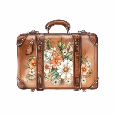 Leather brown retro bag , floral, james christensen style,illustration Watercolor hand painted vintage suitcase design. Travel concept clipart,white background with margins , white background for removing background - - no text shadow font watermark