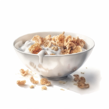 watercolor for a clipart with a white background of a bowl of cereal with milk, realism, painted by nick alm