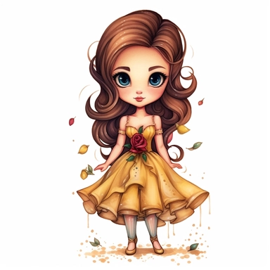 Belle from Beauty and the beast mix chibi and painted by Jasmine Becket-Griffith, full body with legs, clipart, watercolor, white background