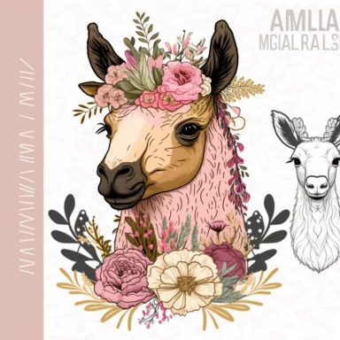 cute Llama head Sublimation Clipart design with floral, without text, PNG file, dark pink Llama