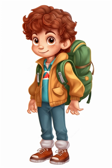 cute boy ages 6 years old curly brown hair in a camping outfit, no background, cartoon style, clipart, transparent background