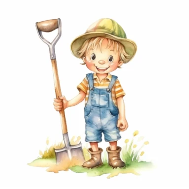 Cartoon little farmer holding a rake clipart for childish cards and books, watercolor, illustration style, on white background, detailed, hd