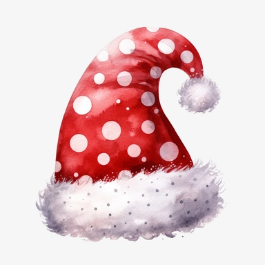 watercolor vintage unique realistic red and white polka dot santa hat, clipart, red color scheme, photorealistic, vector, on white background, hd
